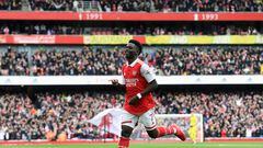 London (United Kingdom), 19/03/2023.- Bukayo Saka of Arsenal celebrates after scoring the team's second goal during the English Premier League soccer match between Arsenal FC and Crystal Palace in London, Britain, 19 March 2023. (Reino Unido, Londres) EFE/EPA/Andy Rain EDITORIAL USE ONLY. No use with unauthorized audio, video, data, fixture lists, club/league logos or 'live' services. Online in-match use limited to 120 images, no video emulation. No use in betting, games or single club/league/player publications.

