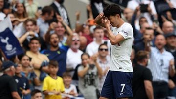 Son Heung-Min celebrates scoring the opening goal against Manchester City at Tottenham Hotspur Stadium in London, on August 15, 2021.