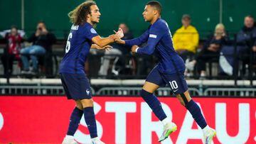 Kylian MBAPPE of France celebrate his goal with Matteo GUENDOUZI of France during the UEFA Nations League, group 1 match between Austria and France at Ernst Happel Stadion on June 10, 2022 in Vienna, Austria. (Photo by Hugo Pfeiffer/Icon Sport via Getty Images)