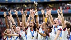 LYON, FRANCE - JULY 07: USA players celebrate as they lift the trophy during the 2019 FIFA Women&#039;s World Cup France Final match between The United States of America and The Netherlands at Stade de Lyon on July 7, 2019 in Lyon, France. (Photo by Marc 