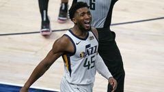Utah Jazz guard Donovan Mitchell (45) reacts after scoring against the Boston Celtics in the second half during an NBA basketball game Tuesday, Feb. 9, 2021, in Salt Lake City. (AP Photo/Rick Bowmer)