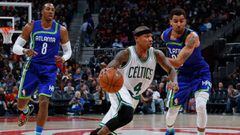 ATLANTA, GA - JANUARY 13: Isaiah Thomas #4 of the Boston Celtics drives against Thabo Sefolosha #25 of the Atlanta Hawks at Philips Arena on January 13, 2017 in Atlanta, Georgia. NOTE TO USER User expressly acknowledges and agrees that, by downloading and