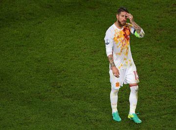 Spain's defender Sergio Ramos reacts following their defeat during the Euro 2016 group D football match between Croatia and Spain