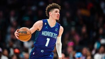 CHARLOTTE, NORTH CAROLINA - FEBRUARY 25: LaMelo Ball #1 of the Charlotte Hornets brings the ball up court in the first quarter during their game against the Miami Heat at Spectrum Center on February 25, 2023 in Charlotte, North Carolina. NOTE TO USER: User expressly acknowledges and agrees that, by downloading and or using this photograph, User is consenting to the terms and conditions of the Getty Images License Agreement.   Jacob Kupferman/Getty Images/AFP (Photo by Jacob Kupferman / GETTY IMAGES NORTH AMERICA / Getty Images via AFP)