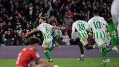Real Betis' Argentinian defender #06 German Pezzela celebrates after scoring his team's first goal during the Spanish league football match between Real Betis and Girona FC at the Benito Villamarin stadium in Seville on December 21, 2023. (Photo by CRISTINA QUICLER / AFP)