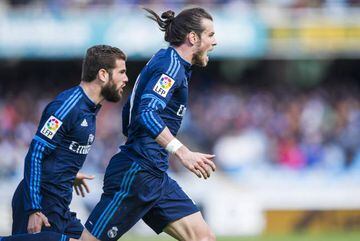 Gareth Bale celebrates after scoring the only goal of the game against Real Sociedad at Estadio Anoeta.