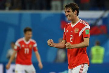 Russia defender Mario Fernandes celebrates after beating Egypt at the Saint Petersburg Stadium.
