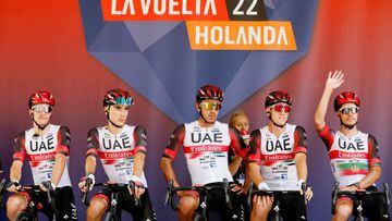 UTRECHT, NETHERLANDS - AUGUST 20: (L-R) Juan Ayuso Pesquera of Spain, Juan Sebastián Molano Benavides of Colombia, Pascal Ackermann of Germany and João Almeida of Portugal and UAE Team Emirates during the team presentation prior to the 77th Tour of Spain 2022, Stage 2 a 175,1km stage from `s-Hertogenbosch to Utrecht /  #LaVuelta22 / #WorldTour /  on August 20, 2022 in Utrecht, Netherlands. (Photo by Bas Czerwinski/Getty Images)
