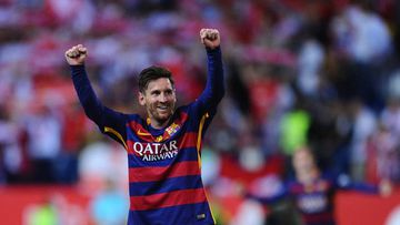 Messi celebrates after his team beat Sevilla 2-0 in the Copa del Rey Final at the Vicente Calderon Stadium on May 22, 2016 in Madrid, Spain.