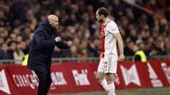 AMSTERDAM - (lr) Ajax coach Erik ten Hag, Daley Blind of Ajax during the Dutch Eredivisie match between Ajax and Sparta Rotterdam at the Johan Cruijff ArenA on April 9, 2022 in Amsterdam, Netherlands. ANP MAURICE VAN STEEN (Photo by ANP via Getty Images)