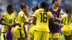 Players of Jamaica celebrate after defeating Costa Rica 1-0 in their 2022 Concacaf women's championship third-place football match, at the BBVA Bancomer stadium in Monterrey, Nuevo Leon State, Mexico on July 18, 2022. (Photo by Julio Cesar AGUILAR / AFP) (Photo by JULIO CESAR AGUILAR/AFP via Getty Images)
