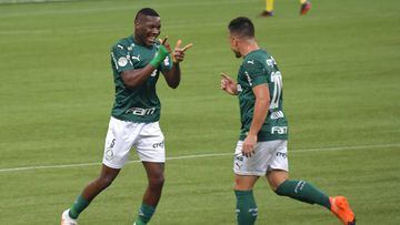 Palmeiras&#039; Patrick de Paula (L) celebrates with teammate Willian after scoring against Flamengo during their Brazilian Championship football match, at the Allianz Parque stadium on September 27, 2020, in Sao Paulo, Brazil. (Photo by NELSON ALMEIDA / 