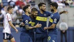 Boca Juniors&#039; Dario Benedetto, center left, is surrounded by teammates after scoring against Chivas during the first half of a Colossus Cup soccer match Saturday, July 6, 2019, in Seattle. (AP Photo/Elaine Thompson)