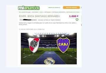 In this post, two tickets for the Copa Libertadores final are being sold for 1,000 euros.