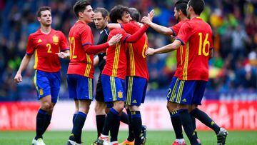 David Silva celebrates with his teammates after scoring the opening goal during an international friendly match between Spain and Korea at the Red Bull Arena stadium on June 1, 2016 in Salzburg, Austria.