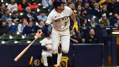 May 25, 2023; Milwaukee, Wisconsin, USA; Milwaukee Brewers shortstop Willy Adames (27) hits a double in the fourth inning against the San Francisco Giants at American Family Field. Mandatory Credit: Benny Sieu-USA TODAY Sports