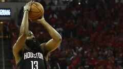 HOUSTON, TX - MAY 28: James Harden #13 of the Houston Rockets shoots against the Golden State Warriors in the second quarter of Game Seven of the Western Conference Finals of the 2018 NBA Playoffs at Toyota Center on May 28, 2018 in Houston, Texas. NOTE T