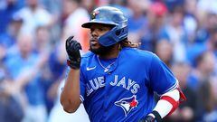 TORONTO, ON - JUNE 27: Vladimir Guerrero Jr. #27 of the Toronto Blue Jays celebrates his two-run home run in the third inning against the Boston Red Sox at Rogers Centre on June 27, 2022 in Toronto, Ontario, Canada.   Vaughn Ridley/Getty Images/AFP
== FOR NEWSPAPERS, INTERNET, TELCOS & TELEVISION USE ONLY ==