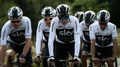 (FILES) In this file photo taken on July 06, 2018 Great Britain&#039;s Christopher Froome (Front C), Great Britain&#039;s Luke Rowe (L), Great Britain&#039;s Geraint Thomas (2ndL Rear) and their Great Britain&#039;s Team Sky cycling team teammates ride du