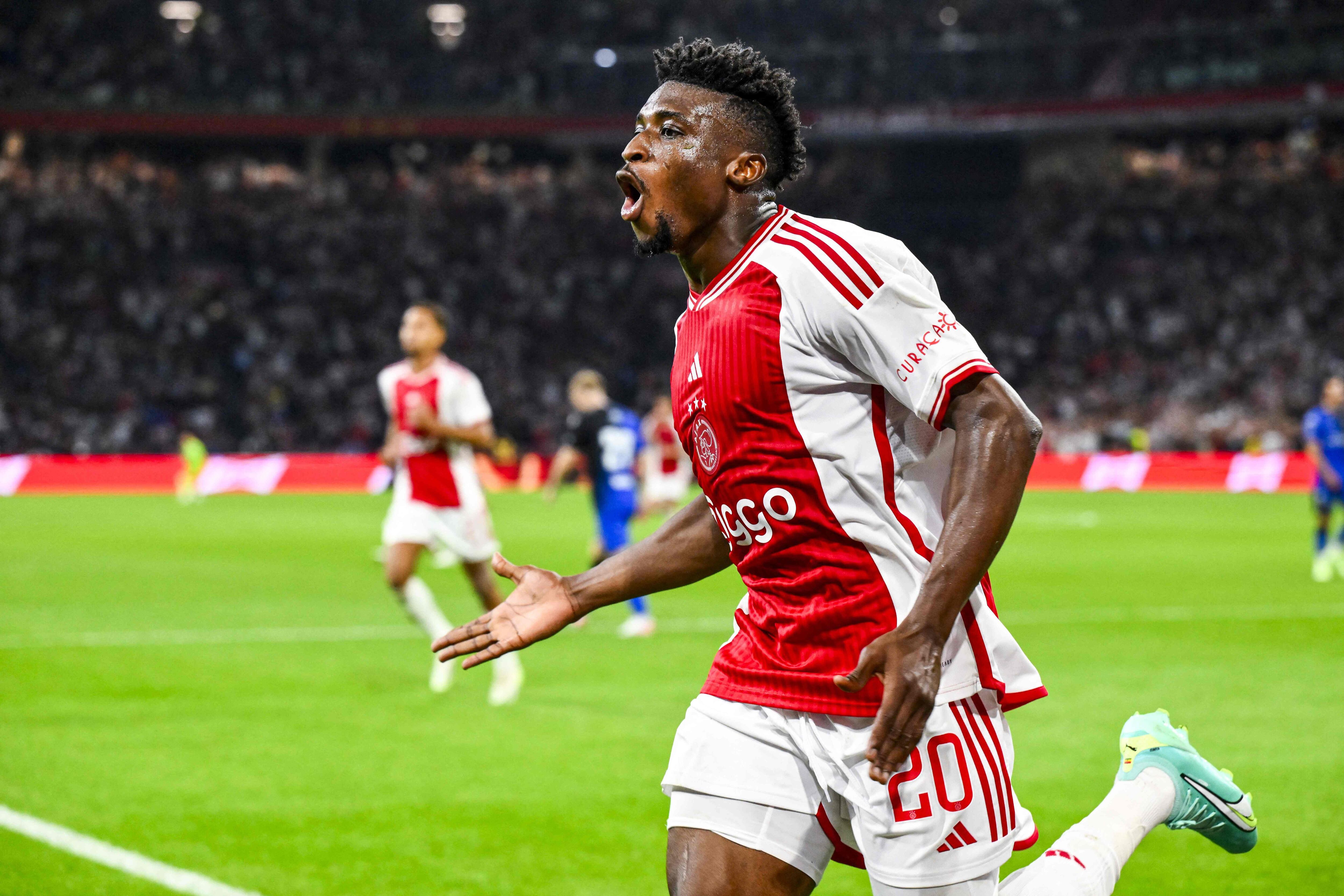 Ajax's Ghanaian midfielder #20 Mohammed Kudus celebrates after scoring he team's second goal during the Dutch Eredivisie premier league football match between Ajax Amsterdam and Heracles Almelo at the Johan Cruijff Arena in Amsterdam, on August 12, 2023. (Photo by Olaf Kraak / ANP / AFP) / Netherlands OUT