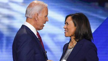 (FILES) In this file photo taken on September 12, 2019 Former Vice President Joe Biden and Senator Kamala Harris speak on in Houston, Texas, after the third Democratic primary debate of the 2020 presidential campaign season hosted by ABC News in partnersh