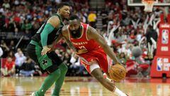Mar 3, 2018; Houston, TX, USA; Houston Rockets guard James Harden (13) drives to the basket while Boston Celtics guard Marcus Smart (36) defends during the third quarter at Toyota Center. Mandatory Credit: Erik Williams-USA TODAY Sports