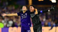 ORLANDO, FLORIDA - SEPTEMBER 07: Rodrigo Schlegel #15 and Pedro Gallese #1 of Orlando City celebrate after Orlando City went up 3-0 against the Sacramento Republic FC in the second half during the Lamar Hunt U.S. Open Cup at Exploria Stadium on September 07, 2022 in Orlando, Florida.   Julio Aguilar/Getty Images/AFP
