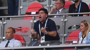 KAZAN, RUSSIA - JUNE 30:  Diego Armando Maradona celebrates Argentina&#039;s second goal during the 2018 FIFA World Cup Russia Round of 16 match between France and Argentina at Kazan Arena on June 30, 2018 in Kazan, Russia.  (Photo by Laurence Griffiths/G