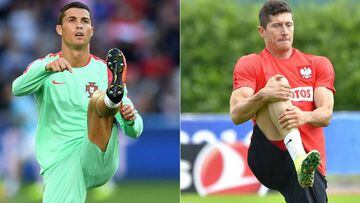 (COMBO) This combination of pictures created on June 26, 2016 shows Portugal&#039;s Captain and forward Cristiano Ronaldo warming up before the round of sixteen football match Croatia against Portugal of the Euro 2016 football tournament, on June 25, 2016