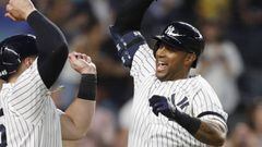 New York Yankees&#039; Aaron Hicks, right, celebrates with designated hitter Luke Voit, after they scored on Hicks&#039; three-run home run during the fifth inning of a baseball game against the Toronto Blue Jays, Monday, June 24, 2019, in New York. (AP Photo/Kathy Willens)