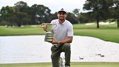 Chile�s Joaquin Niemann poses with the men�s trophy after he wins the Australian Open golf tournament at The Australian Golf Club in Sydney on December 3, 2023. (Photo by Saeed KHAN / AFP) / -- IMAGE RESTRICTED TO EDITORIAL USE - STRICTLY NO COMMERCIAL USE --