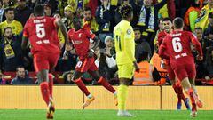 Liverpool&#039;s Senegalese striker Sadio Mane celebrates after scoring his team second goal during the UEFA Champions League semi-final first leg football match between Liverpool and Villarreal, at the Anfield Stadium, in Liverpool, on April 27, 2022. (P