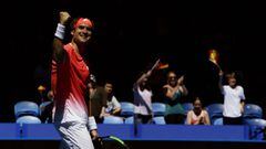 David Ferrer celebra su victoria ante Lucas Pouille en su partido individual de Hopman Cup en el RAC Arena de Perth, Australia.