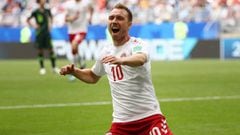 SAMARA, RUSSIA - JUNE 21:  Christian Eriksen of Denmark celebrates after scoring his team&#039;s first goal during the 2018 FIFA World Cup Russia group C match between Denmark and Australia at Samara Arena on June 21, 2018 in Samara, Russia.  (Photo by Ro