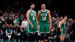 May 25, 2023; Boston, Massachusetts, USA; Boston Celtics guard Derrick White (9) and forward Grant Williams (12) react during the fourth quarter against the Miami Heat in game five of the Eastern Conference Finals for the 2023 NBA playoffs at TD Garden. Mandatory Credit: Winslow Townson-USA TODAY Sports