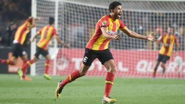 Esperance de Tunis defender Mohamed Ali Yaccoubi celebrates after scoring during the 2nd leg of CAF champion league final 2019 football match between Tunisia&#039;s Esperance sportive de Tunis and Morocco&#039;s Wydad Athletic Club  at the Olympic stadium