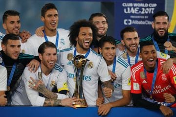 Real Madrid’s Sergio Ramos, Marcelo and team mates celebrate winning the FIFA Club World Cup