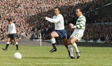 Spurs striker Jimmy Greaves next to John Clark of Celtic during a friendly match at Hampden Park between Tottenham Hotspur and Celtic on August 7, 1967 in Glasgow, Scotland.