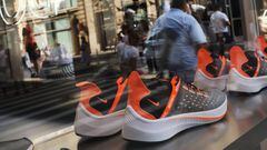 NEW YORK, NY - SEPTEMBER 05: Nike shoes are displayed at a Nike store in Manhattan on September 5, 2018 in New York, New York. A new xD2Just Do ItxD3 TV commercial by Nike Inc. will be narrated by unsigned football player Colin Kaepernick and will air dur