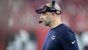 TAMPA, FLORIDA - OCTOBER 24: Head coach Matt Nagy of the Chicago Bears looks on in the fourth quarter against the Tampa Bay Buccaneers in the game at Raymond James Stadium on October 24, 2021 in Tampa, Florida.   Douglas P. DeFelice/Getty Images/AFP == F