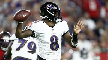 TAMPA, FLORIDA - OCTOBER 27: Lamar Jackson #8 of the Baltimore Ravens throws a pass against the Tampa Bay Buccaneers during the second quarter at Raymond James Stadium on October 27, 2022 in Tampa, Florida.   Douglas P. DeFelice/Getty Images/AFP