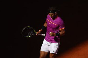 Rafael Nadal celebrates a point against Novak Djokovic on Day 8 of the Mutua Madrid Open at the Caja Mágica, Madrid.
