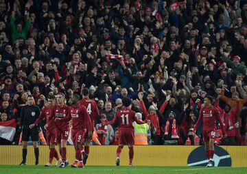 Liverpool's Mohamed Salah celebrates his goal against Napoli at Anfield.