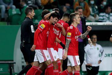 Gil Dias of SL Benfica (L) celebrates with teammates after scoring during the Portuguese League football match between Sporting CP and SL Benfica 