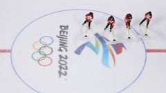BEIJING, CHINA - JANUARY 24: Beijing 2022 Winter Olympic workers prepare the ice surface in the Wukesong Hockey Arena on January 24, 2022 in Beijing, China. Beijing is preparing for the 2022 Winter Olympics which will open on the 4th February 2022. (Photo