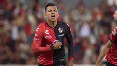 Ian Jairo Torres celebrates his goal 1-0 of Atlas during the game Atlas vs Puebla, corresponding to first leg match Quarterfinal of the Torneo Clausura Guard1anes 2021 of the Liga BBVA MX, at Jalisco Stadium, on May 12, 2021.  &lt;br&gt;&lt;br&gt;  Ia