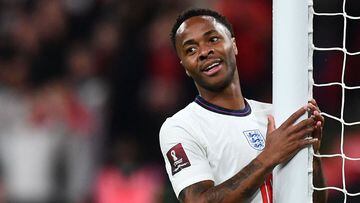 England&#039;s midfielder Raheem Sterling reacts after a missed chance to score during the FIFA World Cup 2022 qualifying match between England and Hungary at Wembley Stadium in London on October 12, 2021. (Photo by Ben STANSALL / AFP) / NOT FOR MARKETING