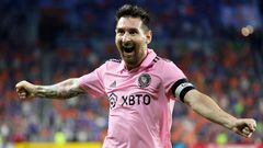 CINCINNATI, OHIO - AUGUST 23: Lionel Messi #10 of Inter Miami CF celebrates after teammate Leonardo Campana #9 scored his second goal against the FC Cincinnati during the second half in the 2023 U.S. Open Cup semifinal match at TQL Stadium on August 23, 2023 in Cincinnati, Ohio.   Andy Lyons/Getty Images/AFP (Photo by ANDY LYONS / GETTY IMAGES NORTH AMERICA / Getty Images via AFP)