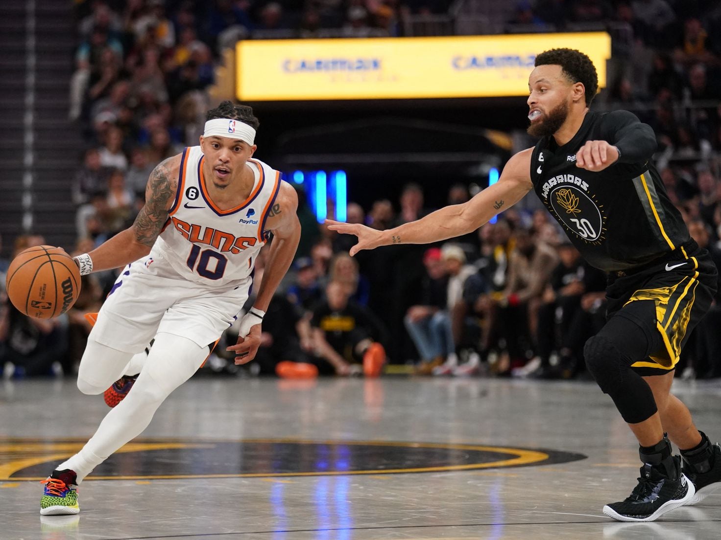 The sneakers worn by Damion Lee of the Golden State Warriors