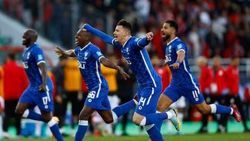 Soccer Football - FIFA Club World Cup - Second Round - Wydad Casablanca v Al Hilal - Prince Moulay Abdellah Stadium, Rabat, Morocco - February 4, 2023 Al Hilal's Abdullah Al Hamdan and teammates celebrate after winning the penalty shootout REUTERS/Andrew Boyers